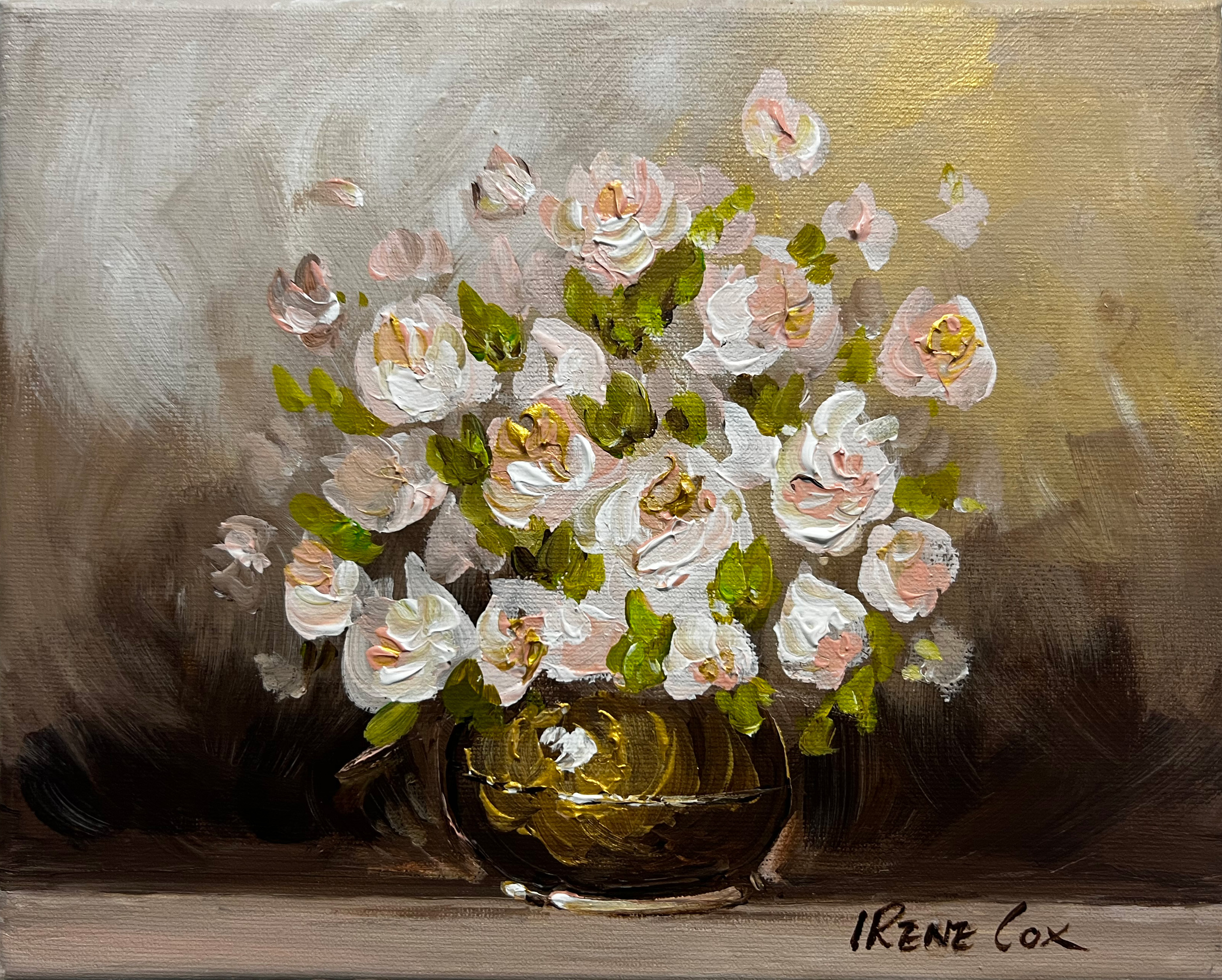 Irene Cox painting of flowers on a beige background 14